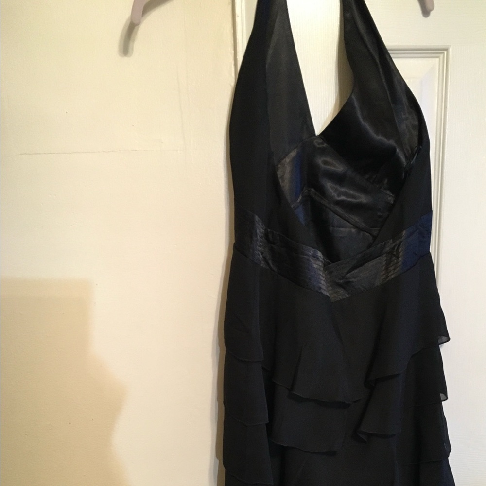 Womens Black Halter Ruffle Cocktail Tier Midi Dress